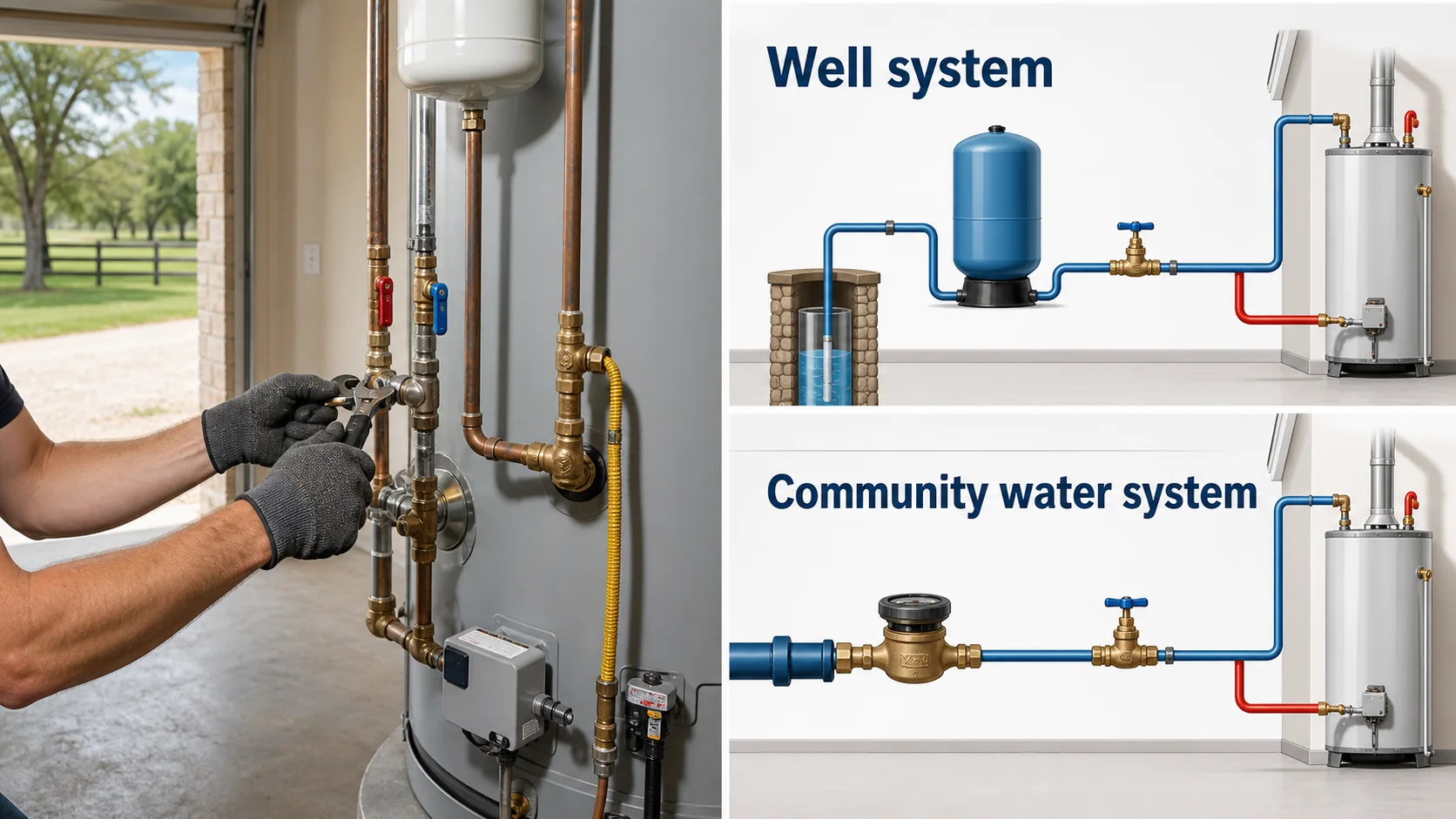 Educational diagram for plumber pecan plantation showing Well system, Community water system